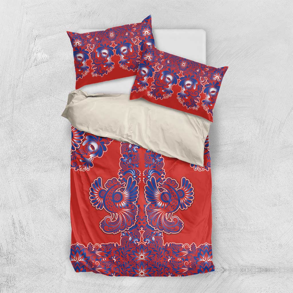 Red Russian National Costume Bedding Set Rooster Motifs Traditional Folk Pattern - Wonder Print Shop