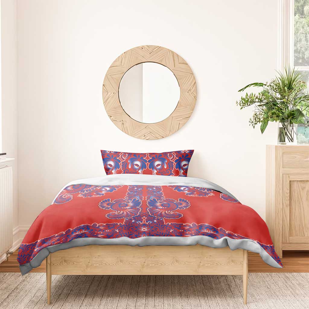Red Russian National Costume Bedding Set Rooster Motifs Traditional Folk Pattern - Wonder Print Shop