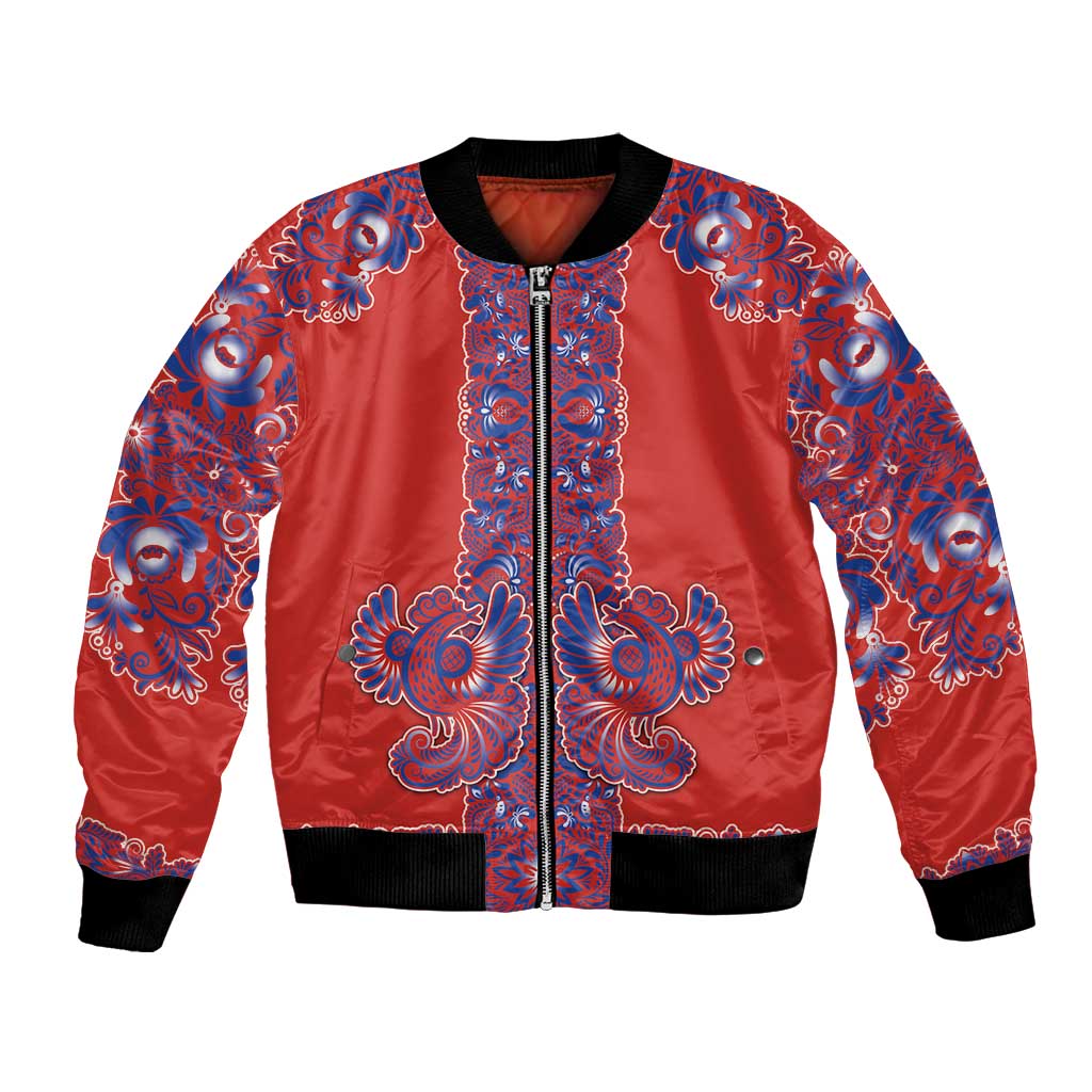 Red Russian National Costume Bomber Jacket Rooster Motifs Traditional Folk Pattern - Wonder Print Shop