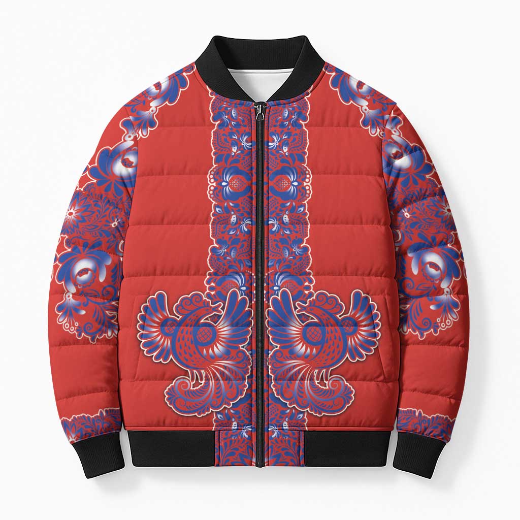 Red Russian National Costume Bomber Puffer Jacket Rooster Motifs Traditional Folk Pattern - Wonder Print Shop