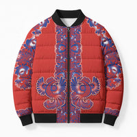 Red Russian National Costume Bomber Puffer Jacket Rooster Motifs Traditional Folk Pattern - Wonder Print Shop
