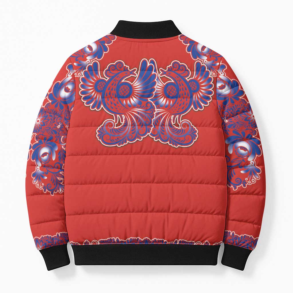 Red Russian National Costume Bomber Puffer Jacket Rooster Motifs Traditional Folk Pattern - Wonder Print Shop