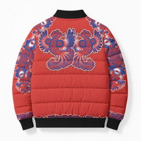 Red Russian National Costume Bomber Puffer Jacket Rooster Motifs Traditional Folk Pattern - Wonder Print Shop