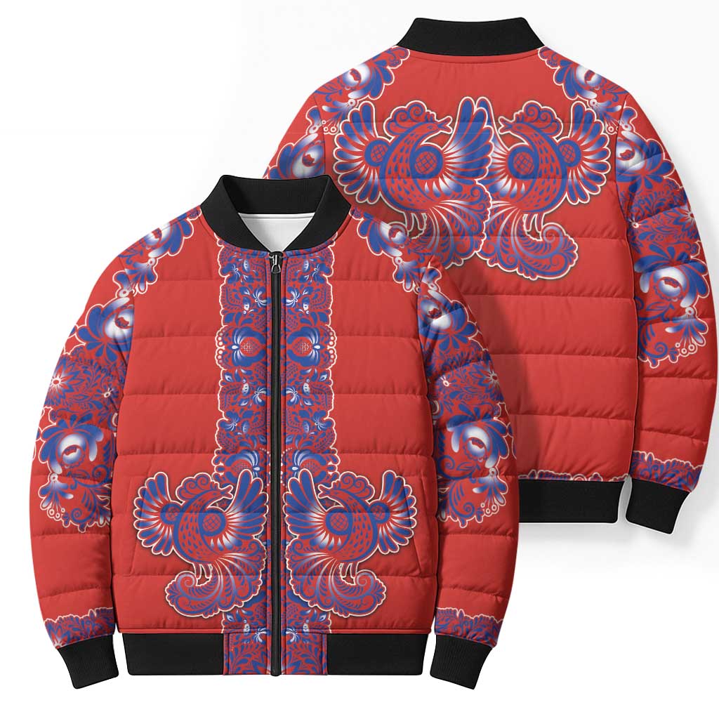 Red Russian National Costume Bomber Puffer Jacket Rooster Motifs Traditional Folk Pattern - Wonder Print Shop