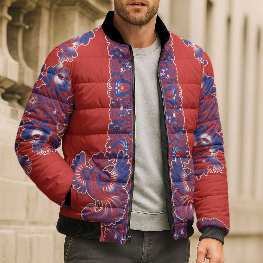 Red Russian National Costume Bomber Puffer Jacket Rooster Motifs Traditional Folk Pattern - Wonder Print Shop