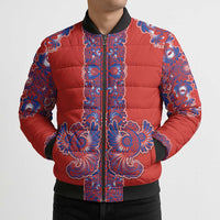 Red Russian National Costume Bomber Puffer Jacket Rooster Motifs Traditional Folk Pattern - Wonder Print Shop