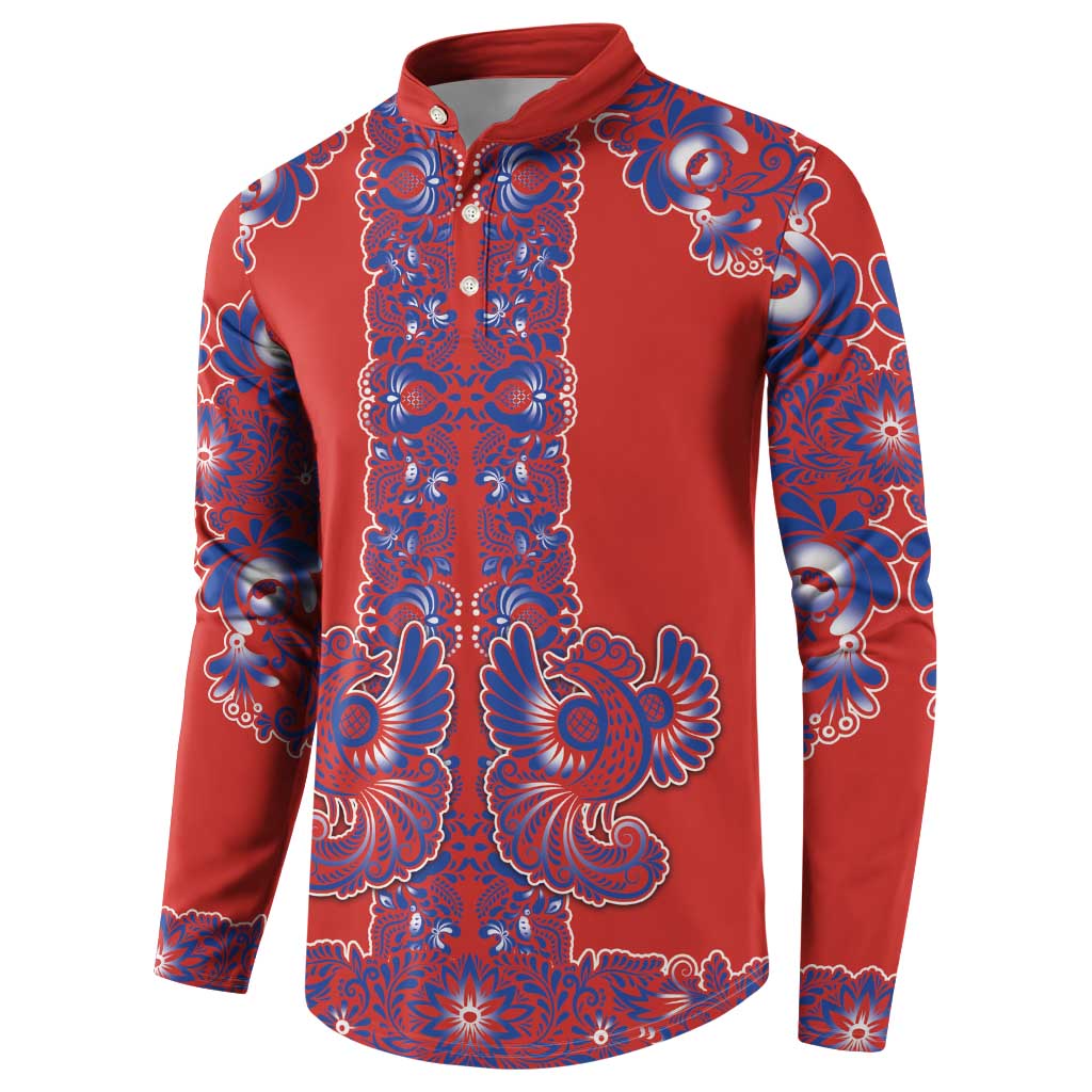 Red Russian National Costume Button Sweatshirt Rooster Motifs Traditional Folk Pattern - Wonder Print Shop