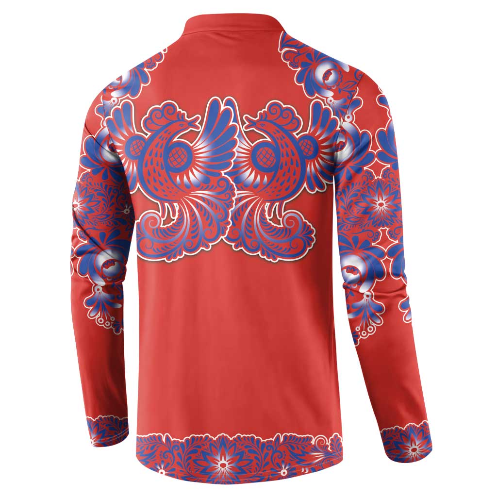 Red Russian National Costume Button Sweatshirt Rooster Motifs Traditional Folk Pattern - Wonder Print Shop