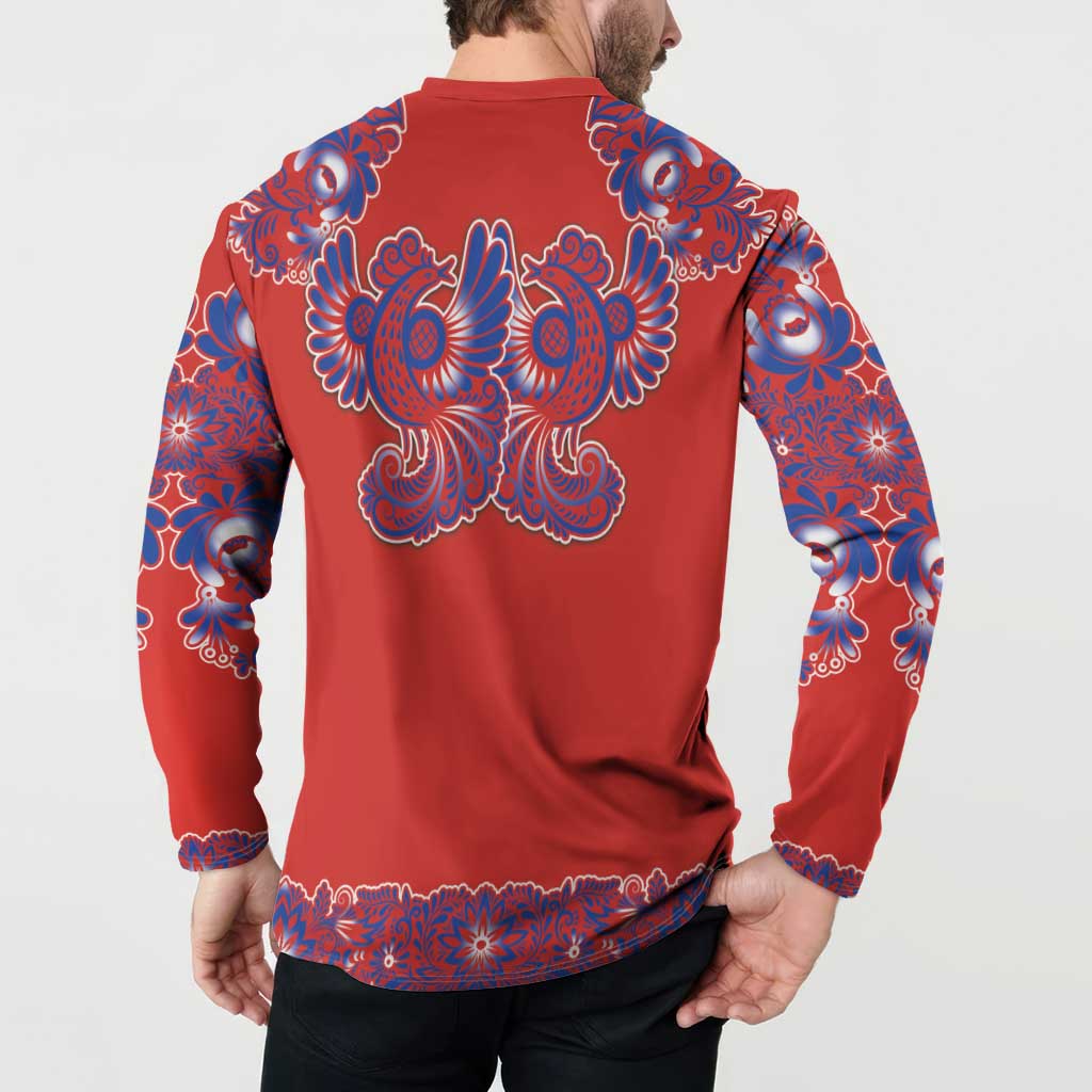 Red Russian National Costume Button Sweatshirt Rooster Motifs Traditional Folk Pattern - Wonder Print Shop