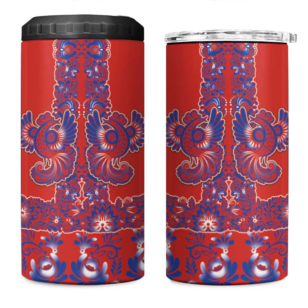 Red Russian National Costume 4 in 1 Can Cooler Tumbler Rooster Motifs Traditional Folk Pattern - Wonder Print Shop