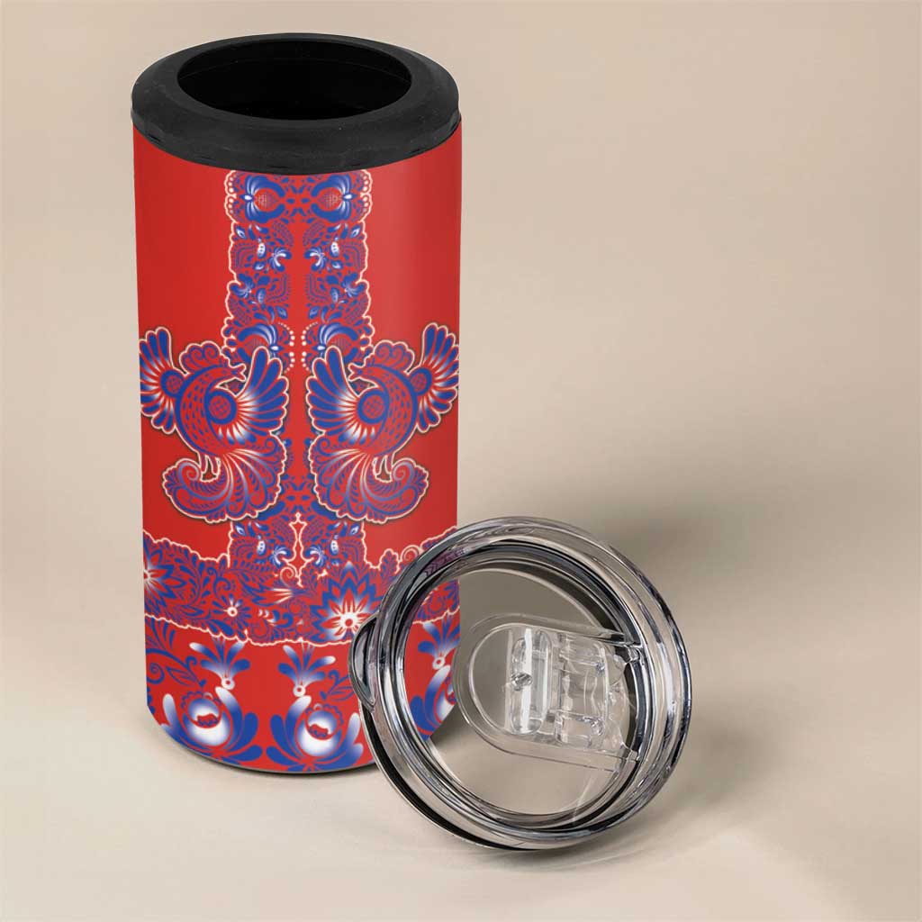 Red Russian National Costume 4 in 1 Can Cooler Tumbler Rooster Motifs Traditional Folk Pattern - Wonder Print Shop