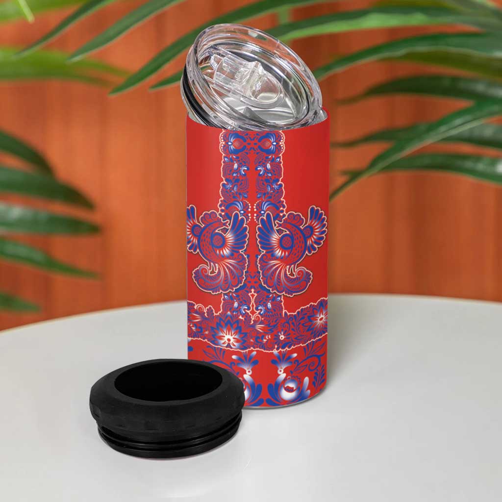 Red Russian National Costume 4 in 1 Can Cooler Tumbler Rooster Motifs Traditional Folk Pattern - Wonder Print Shop
