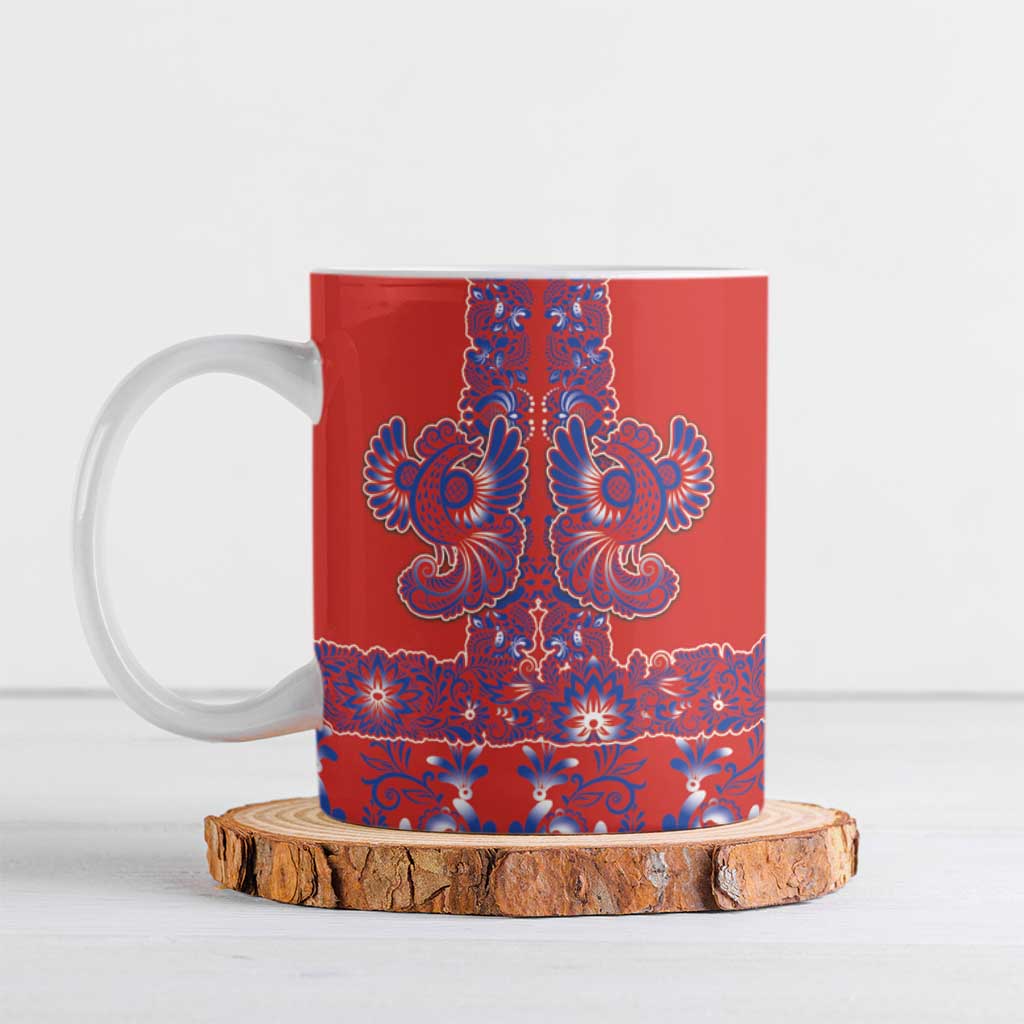 Red Russian National Costume Ceramic Mug Rooster Motifs Traditional Folk Pattern - Wonder Print Shop