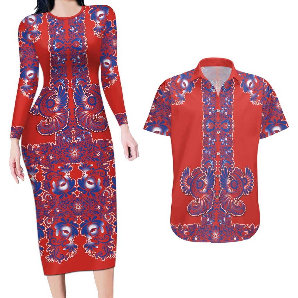 Red Russian National Costume Couples Matching Long Sleeve Bodycon Dress and Hawaiian Shirt Rooster Motifs Traditional Folk Pattern - Wonder Print Shop