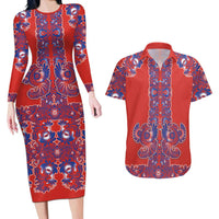 Red Russian National Costume Couples Matching Long Sleeve Bodycon Dress and Hawaiian Shirt Rooster Motifs Traditional Folk Pattern - Wonder Print Shop