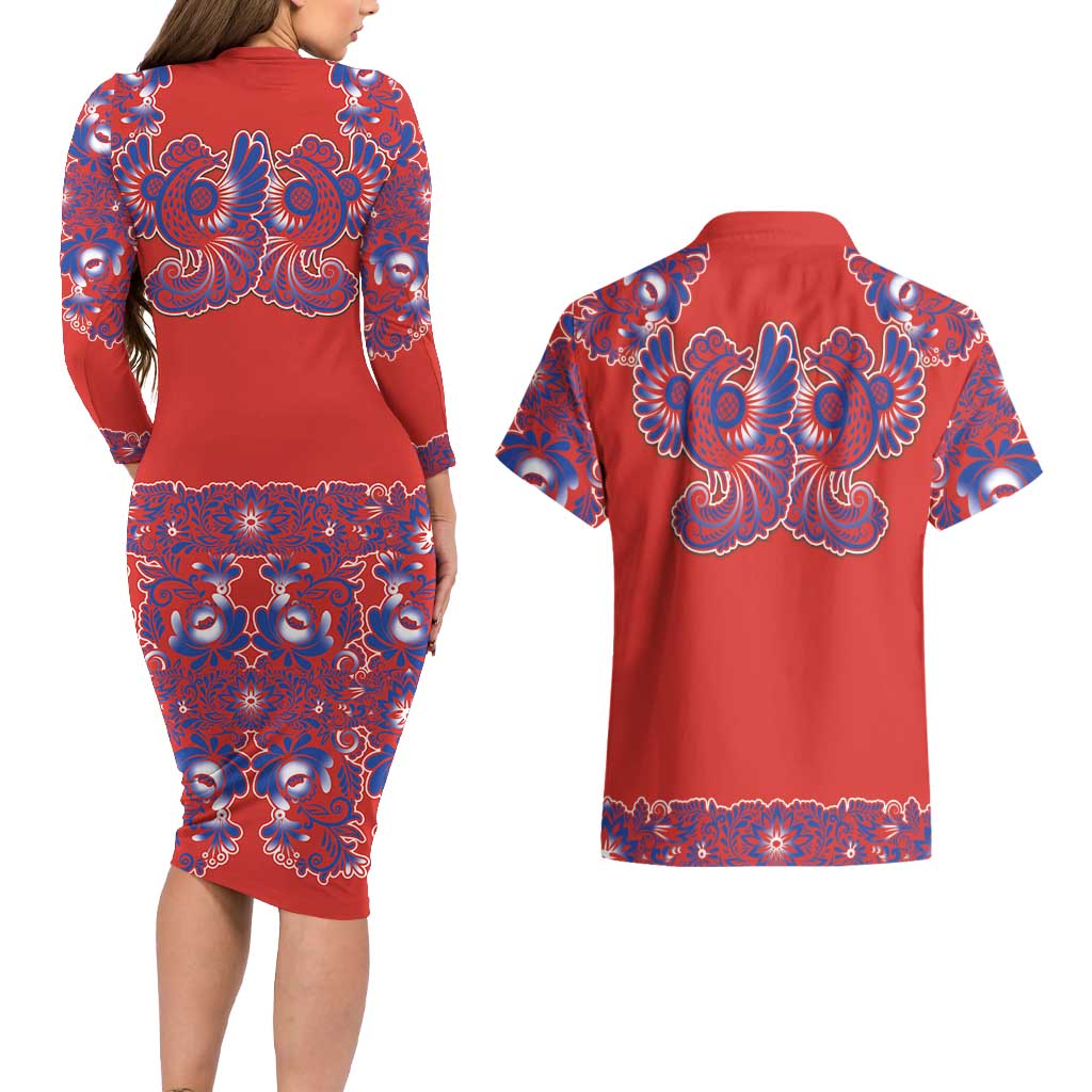 Red Russian National Costume Couples Matching Long Sleeve Bodycon Dress and Hawaiian Shirt Rooster Motifs Traditional Folk Pattern - Wonder Print Shop
