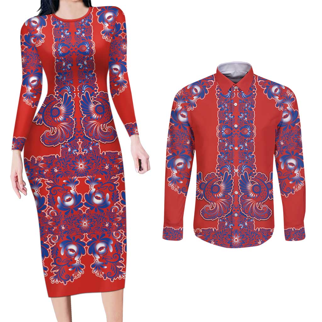 Red Russian National Costume Couples Matching Long Sleeve Bodycon Dress and Long Sleeve Button Shirt Rooster Motifs Traditional Folk Pattern - Wonder Print Shop