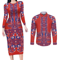 Red Russian National Costume Couples Matching Long Sleeve Bodycon Dress and Long Sleeve Button Shirt Rooster Motifs Traditional Folk Pattern - Wonder Print Shop