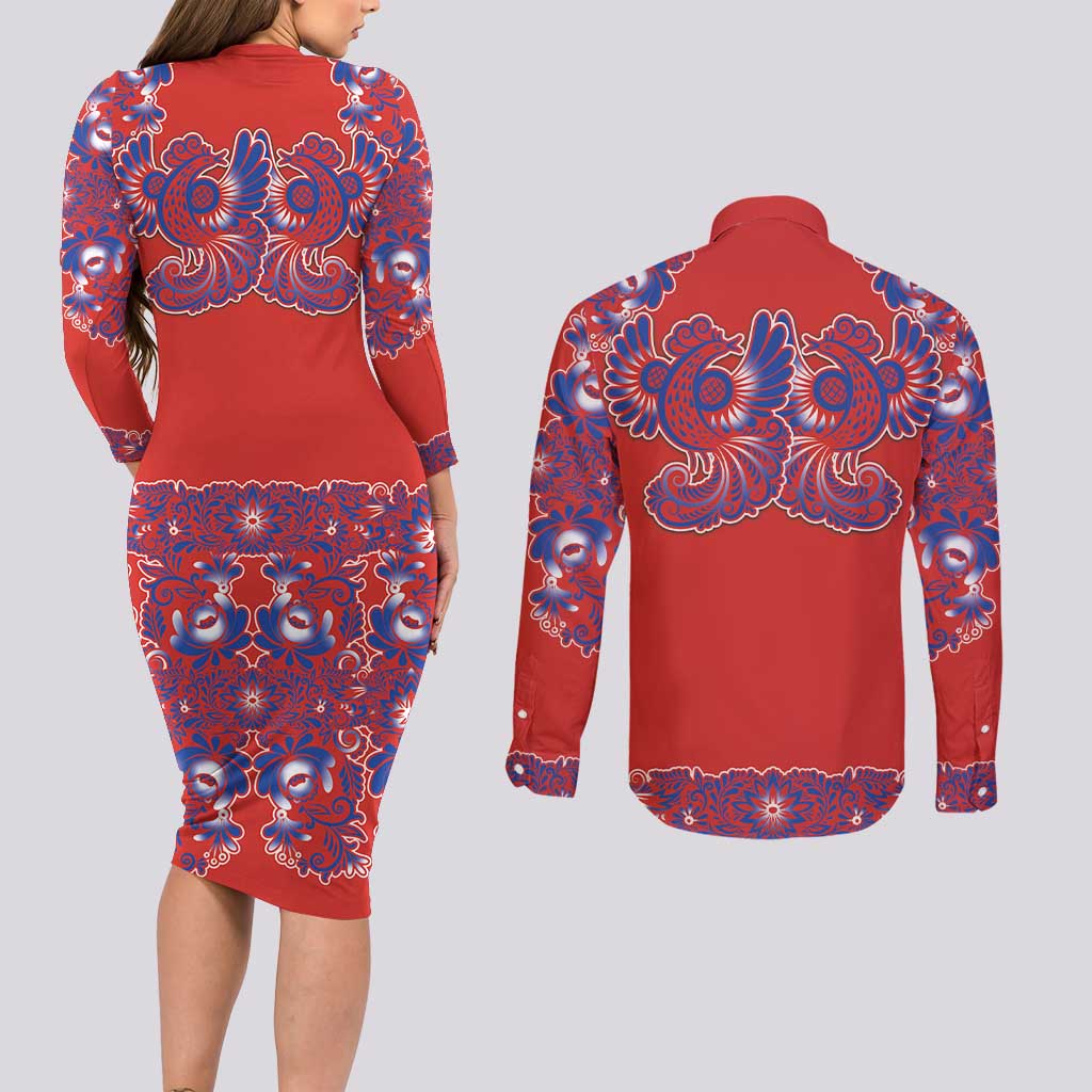 Red Russian National Costume Couples Matching Long Sleeve Bodycon Dress and Long Sleeve Button Shirt Rooster Motifs Traditional Folk Pattern - Wonder Print Shop