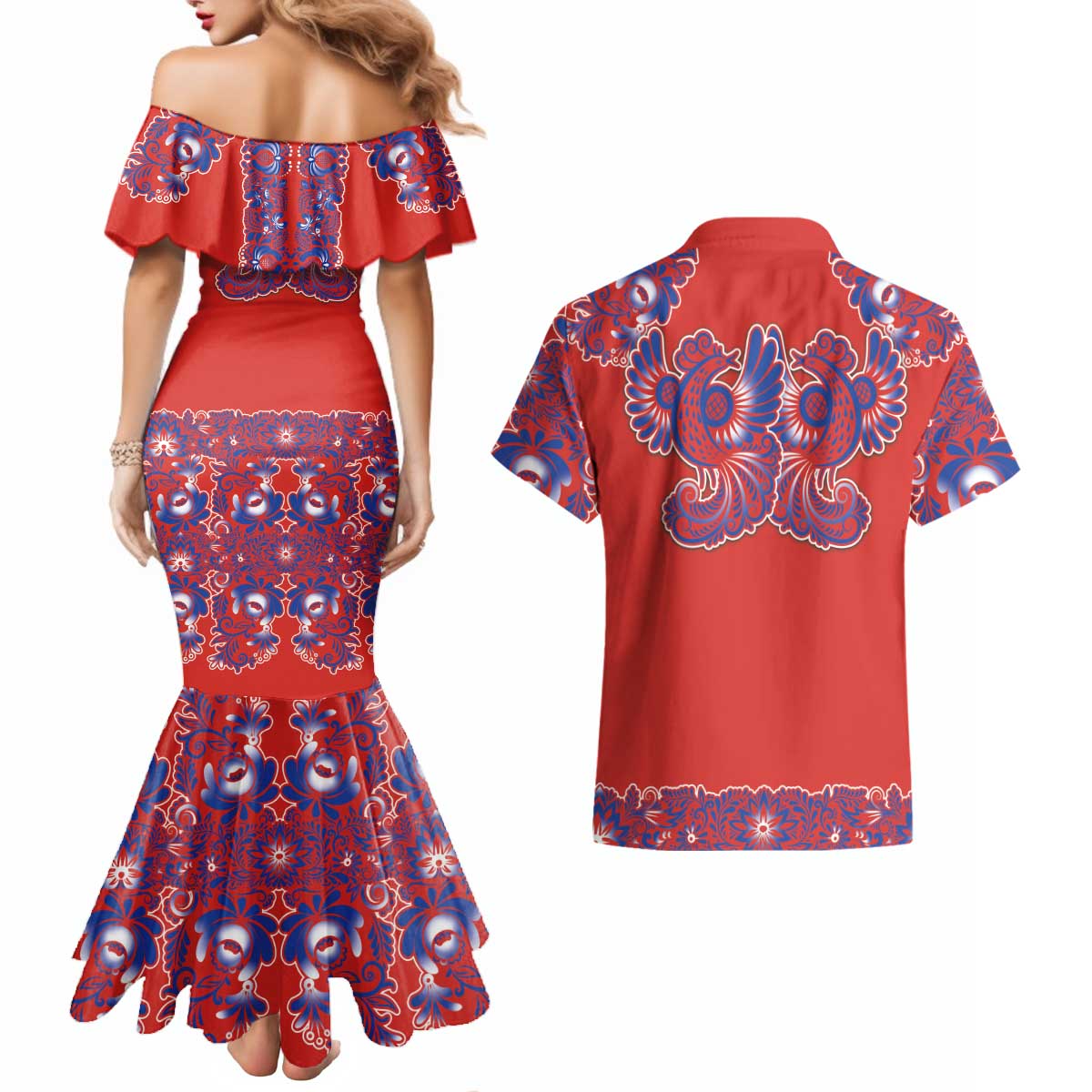 Red Russian National Costume Couples Matching Mermaid Dress and Hawaiian Shirt Rooster Motifs Traditional Folk Pattern - Wonder Print Shop