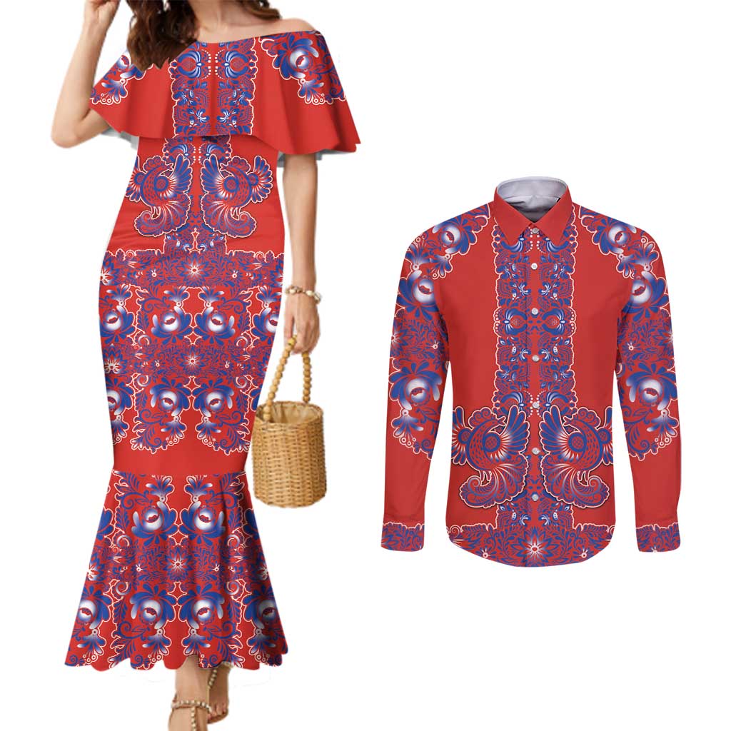 Red Russian National Costume Couples Matching Mermaid Dress and Long Sleeve Button Shirt Rooster Motifs Traditional Folk Pattern - Wonder Print Shop