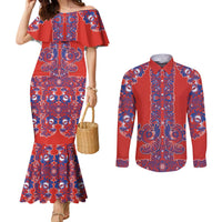 Red Russian National Costume Couples Matching Mermaid Dress and Long Sleeve Button Shirt Rooster Motifs Traditional Folk Pattern - Wonder Print Shop