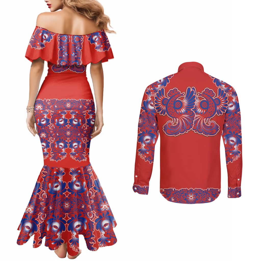Red Russian National Costume Couples Matching Mermaid Dress and Long Sleeve Button Shirt Rooster Motifs Traditional Folk Pattern - Wonder Print Shop