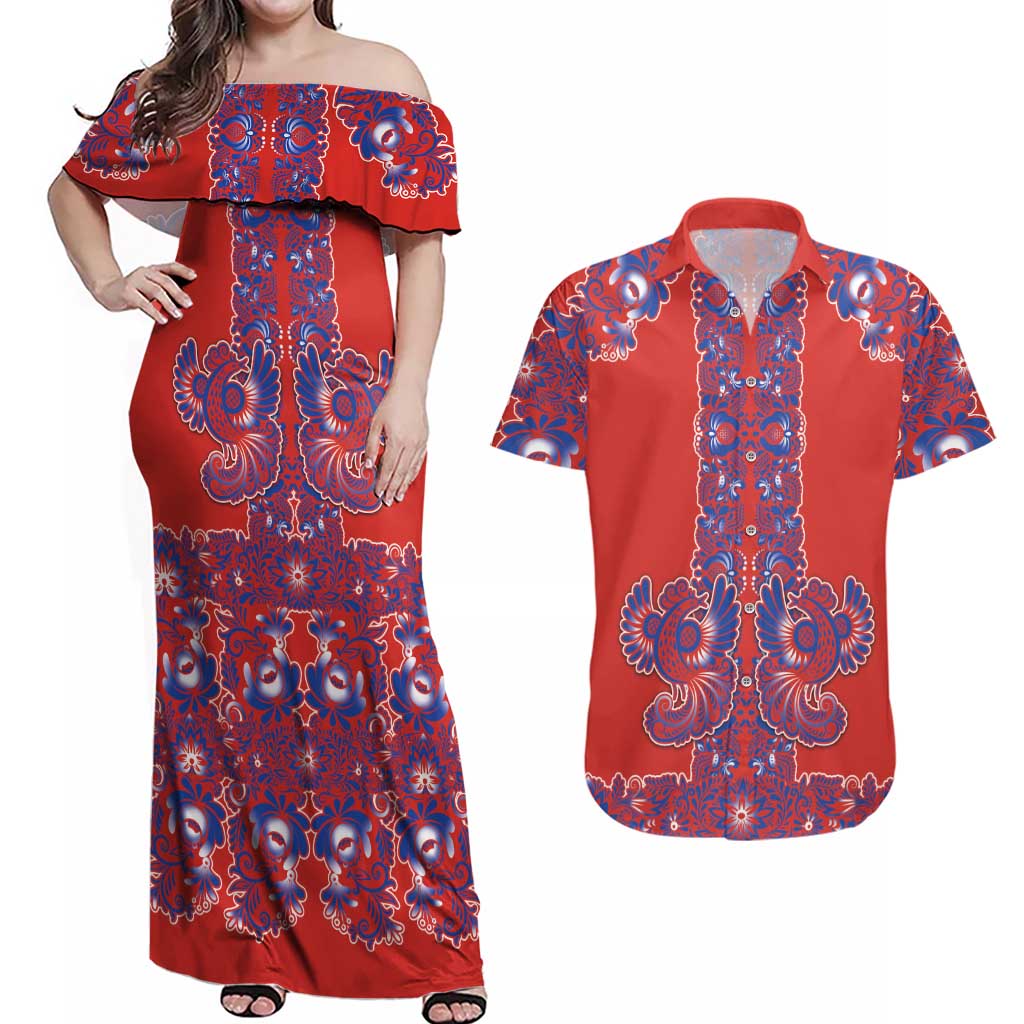 Red Russian National Costume Couples Matching Off Shoulder Maxi Dress and Hawaiian Shirt Rooster Motifs Traditional Folk Pattern - Wonder Print Shop