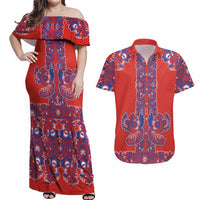 Red Russian National Costume Couples Matching Off Shoulder Maxi Dress and Hawaiian Shirt Rooster Motifs Traditional Folk Pattern - Wonder Print Shop