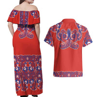 Red Russian National Costume Couples Matching Off Shoulder Maxi Dress and Hawaiian Shirt Rooster Motifs Traditional Folk Pattern - Wonder Print Shop