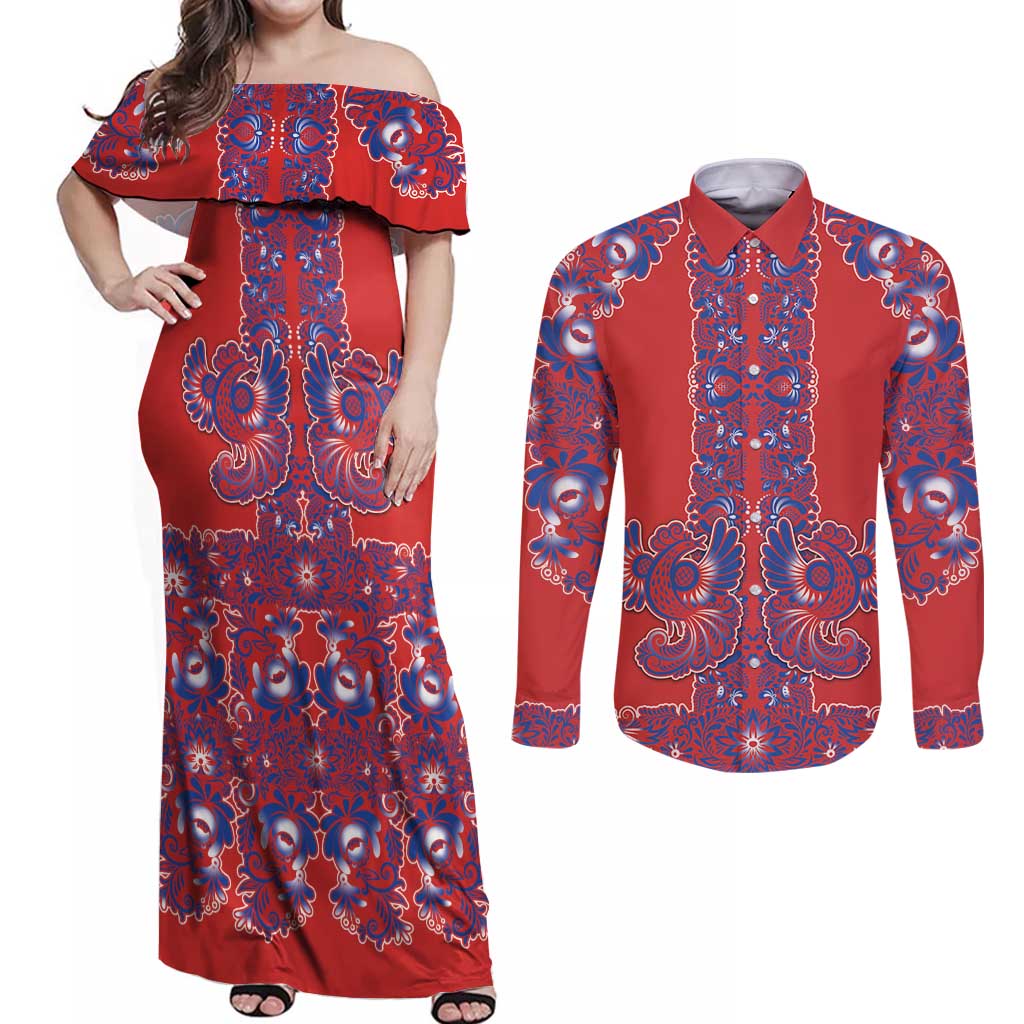Red Russian National Costume Couples Matching Off Shoulder Maxi Dress and Long Sleeve Button Shirt Rooster Motifs Traditional Folk Pattern - Wonder Print Shop