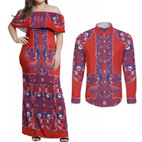 Red Russian National Costume Couples Matching Off Shoulder Maxi Dress and Long Sleeve Button Shirt Rooster Motifs Traditional Folk Pattern - Wonder Print Shop