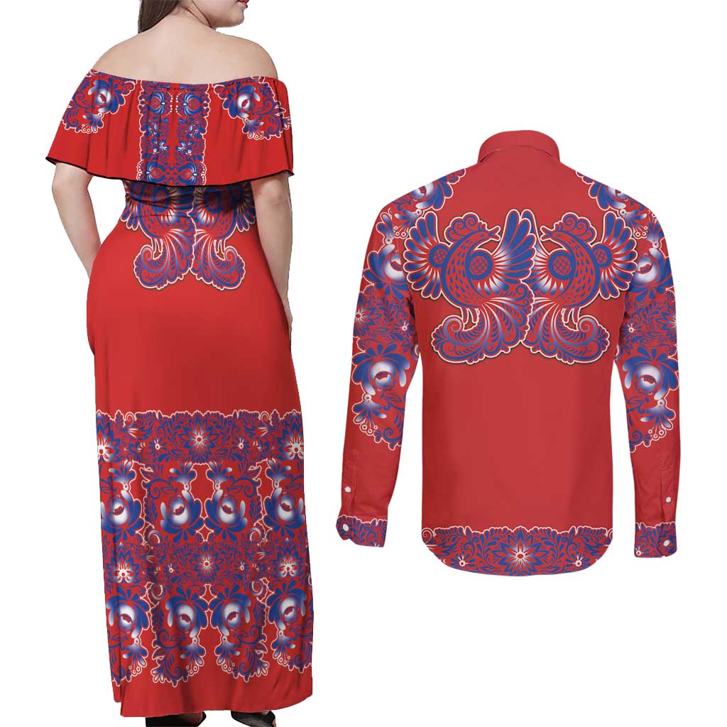 Red Russian National Costume Couples Matching Off Shoulder Maxi Dress and Long Sleeve Button Shirt Rooster Motifs Traditional Folk Pattern - Wonder Print Shop
