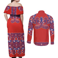Red Russian National Costume Couples Matching Off Shoulder Maxi Dress and Long Sleeve Button Shirt Rooster Motifs Traditional Folk Pattern - Wonder Print Shop