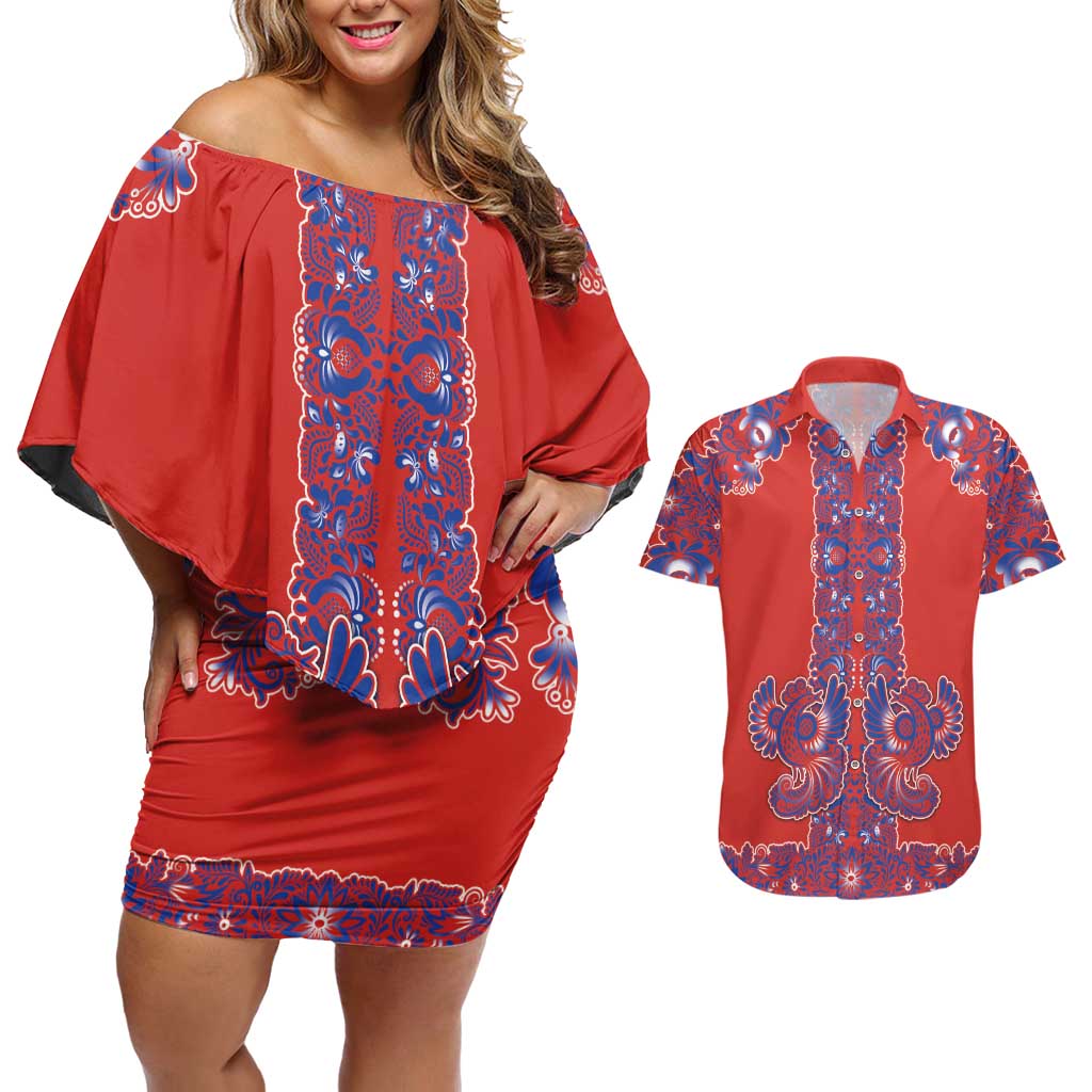 Red Russian National Costume Couples Matching Off Shoulder Short Dress and Hawaiian Shirt Rooster Motifs Traditional Folk Pattern - Wonder Print Shop