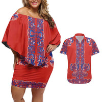 Red Russian National Costume Couples Matching Off Shoulder Short Dress and Hawaiian Shirt Rooster Motifs Traditional Folk Pattern - Wonder Print Shop