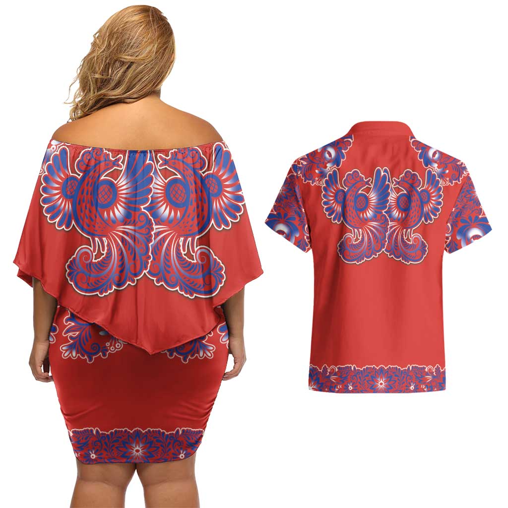 Red Russian National Costume Couples Matching Off Shoulder Short Dress and Hawaiian Shirt Rooster Motifs Traditional Folk Pattern - Wonder Print Shop