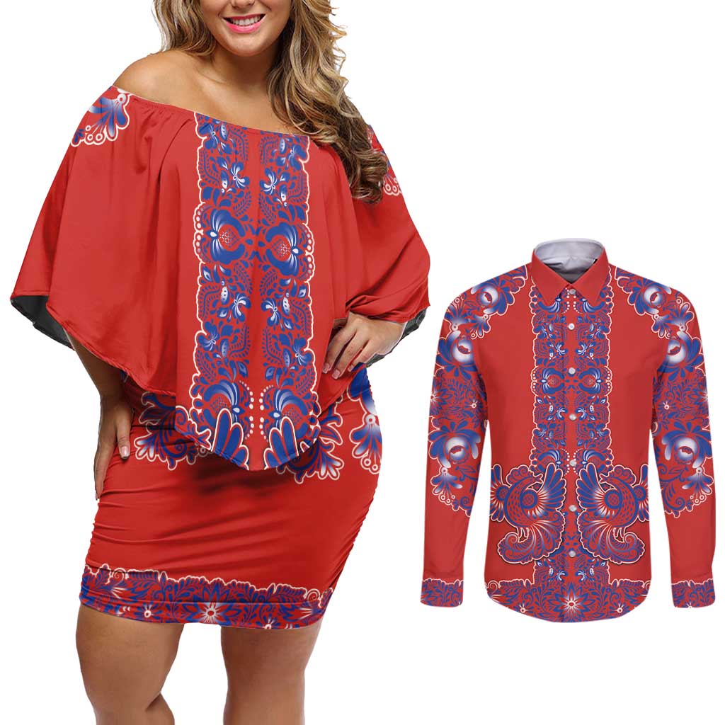 Red Russian National Costume Couples Matching Off Shoulder Short Dress and Long Sleeve Button Shirt Rooster Motifs Traditional Folk Pattern - Wonder Print Shop