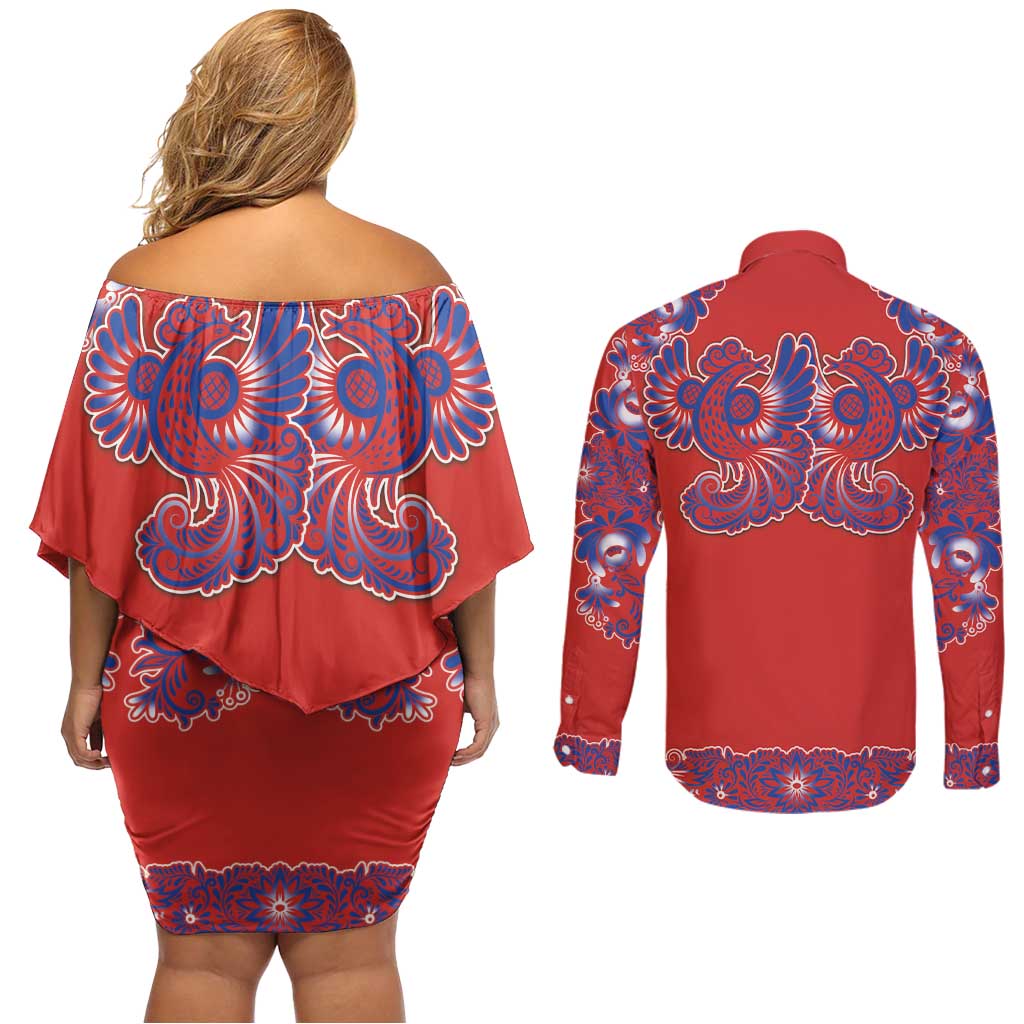 Red Russian National Costume Couples Matching Off Shoulder Short Dress and Long Sleeve Button Shirt Rooster Motifs Traditional Folk Pattern - Wonder Print Shop
