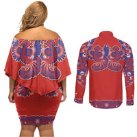 Red Russian National Costume Couples Matching Off Shoulder Short Dress and Long Sleeve Button Shirt Rooster Motifs Traditional Folk Pattern - Wonder Print Shop