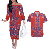 Red Russian National Costume Couples Matching Off The Shoulder Long Sleeve Dress and Hawaiian Shirt Rooster Motifs Traditional Folk Pattern - Wonder Print Shop