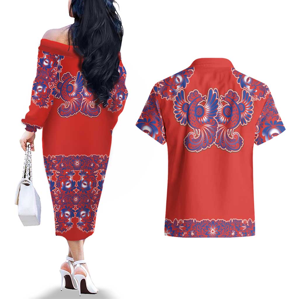 Red Russian National Costume Couples Matching Off The Shoulder Long Sleeve Dress and Hawaiian Shirt Rooster Motifs Traditional Folk Pattern - Wonder Print Shop