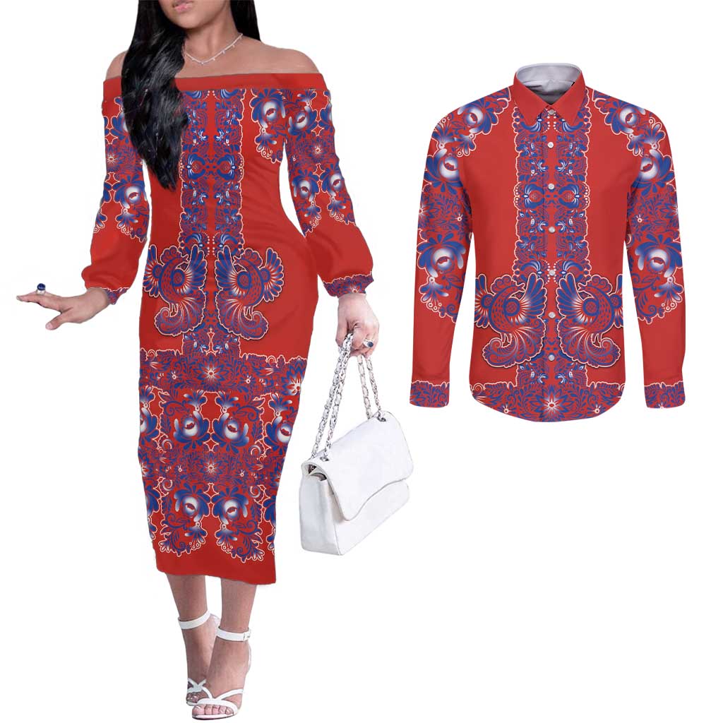 Red Russian National Costume Couples Matching Off The Shoulder Long Sleeve Dress and Long Sleeve Button Shirt Rooster Motifs Traditional Folk Pattern - Wonder Print Shop