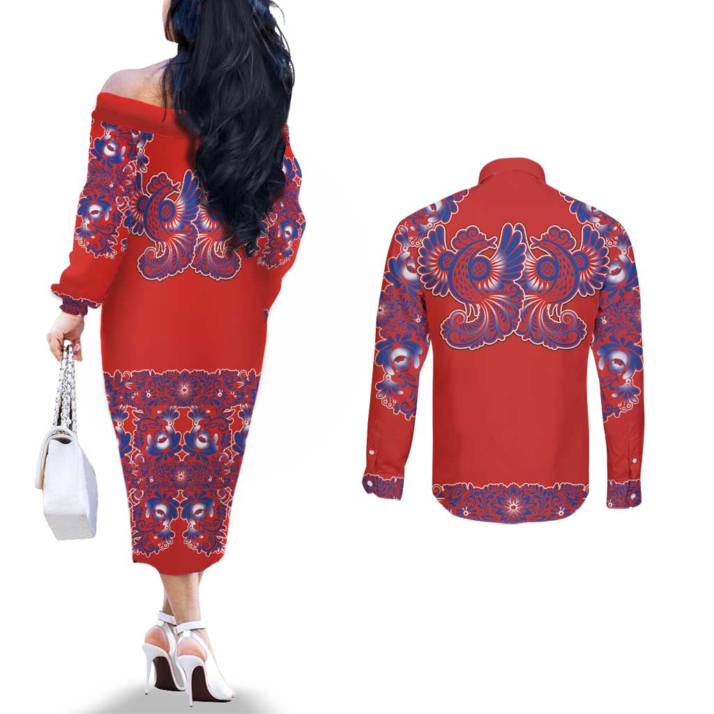 Red Russian National Costume Couples Matching Off The Shoulder Long Sleeve Dress and Long Sleeve Button Shirt Rooster Motifs Traditional Folk Pattern - Wonder Print Shop
