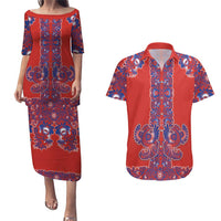 Red Russian National Costume Couples Matching Puletasi and Hawaiian Shirt Rooster Motifs Traditional Folk Pattern - Wonder Print Shop
