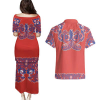 Red Russian National Costume Couples Matching Puletasi and Hawaiian Shirt Rooster Motifs Traditional Folk Pattern - Wonder Print Shop