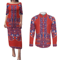 Red Russian National Costume Couples Matching Puletasi and Long Sleeve Button Shirt Rooster Motifs Traditional Folk Pattern - Wonder Print Shop
