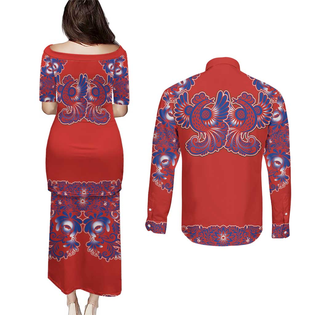 Red Russian National Costume Couples Matching Puletasi and Long Sleeve Button Shirt Rooster Motifs Traditional Folk Pattern - Wonder Print Shop