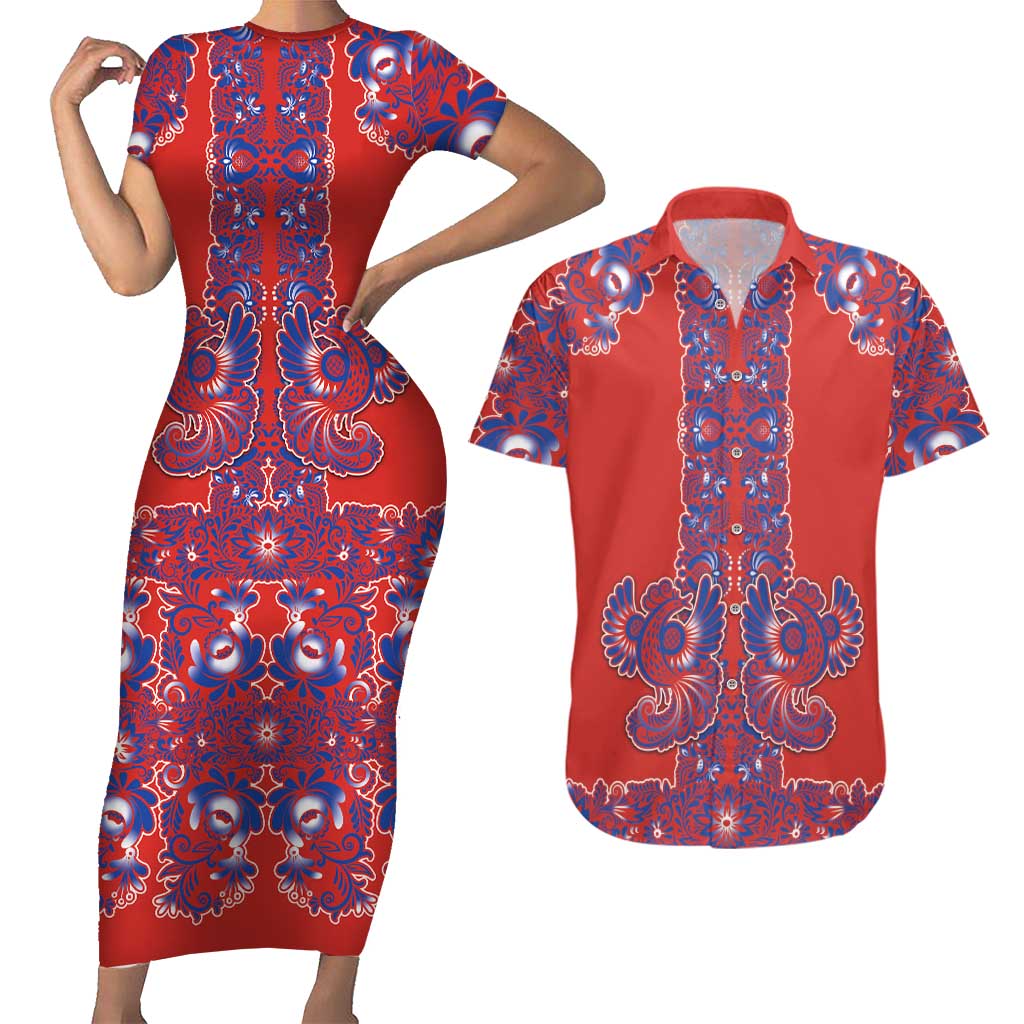 Red Russian National Costume Couples Matching Short Sleeve Bodycon Dress and Hawaiian Shirt Rooster Motifs Traditional Folk Pattern - Wonder Print Shop