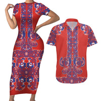 Red Russian National Costume Couples Matching Short Sleeve Bodycon Dress and Hawaiian Shirt Rooster Motifs Traditional Folk Pattern - Wonder Print Shop